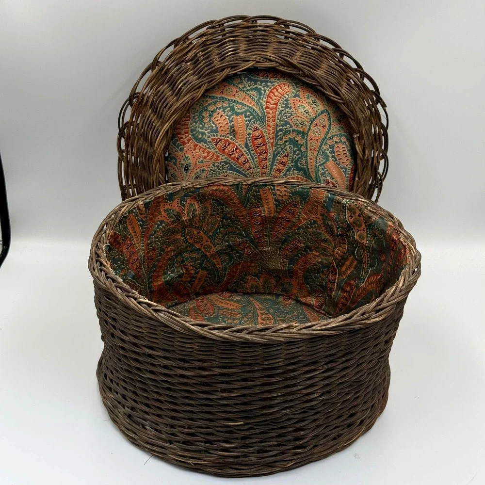 Vintage Round Wicker Sewing Basket Paisley Fabric Lining Dark Brown Storage Lid